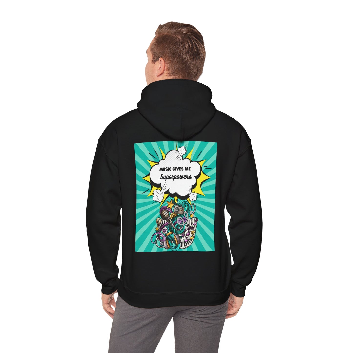 Unisex "Music Gives Me Superpowers" Heavy Blend Hoodie - Front & Back Design, Bold & Comfortable