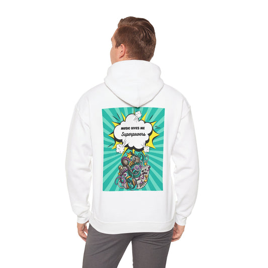 Unisex "Music Gives Me Superpowers" Heavy Blend Hoodie - Front & Back Design, Bold & Comfortable