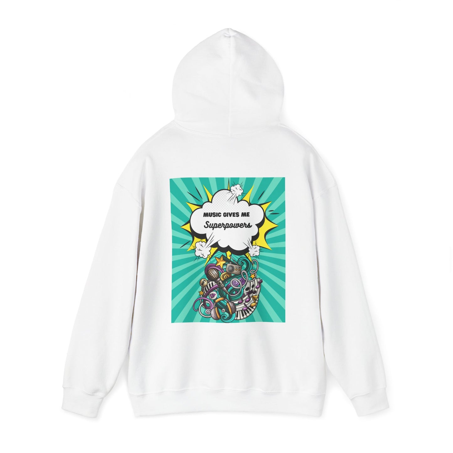 Unisex "Music Gives Me Superpowers" Heavy Blend Hoodie - Front & Back Design, Bold & Comfortable