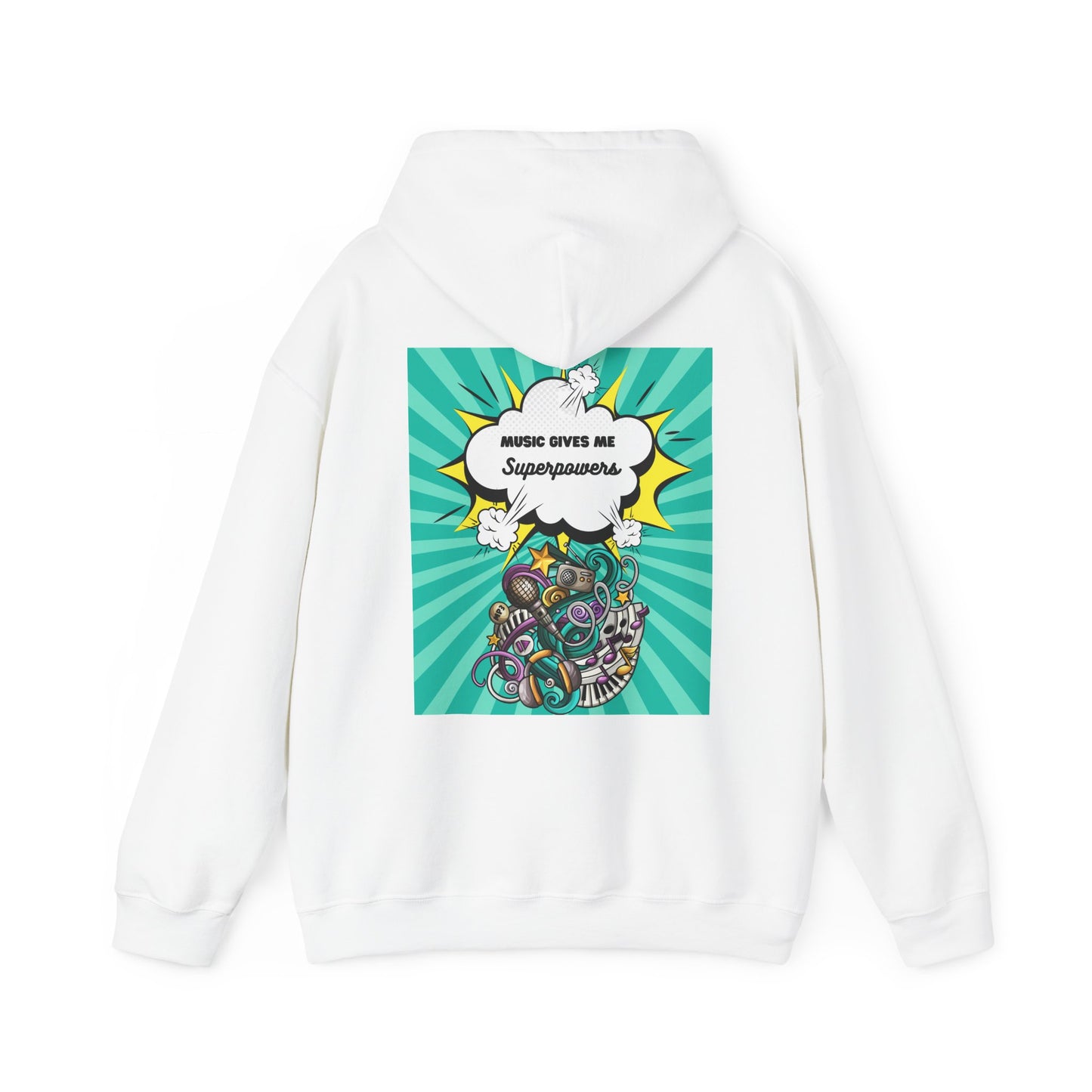 Unisex "Music Gives Me Superpowers" Heavy Blend Hoodie - Front & Back Design, Bold & Comfortable