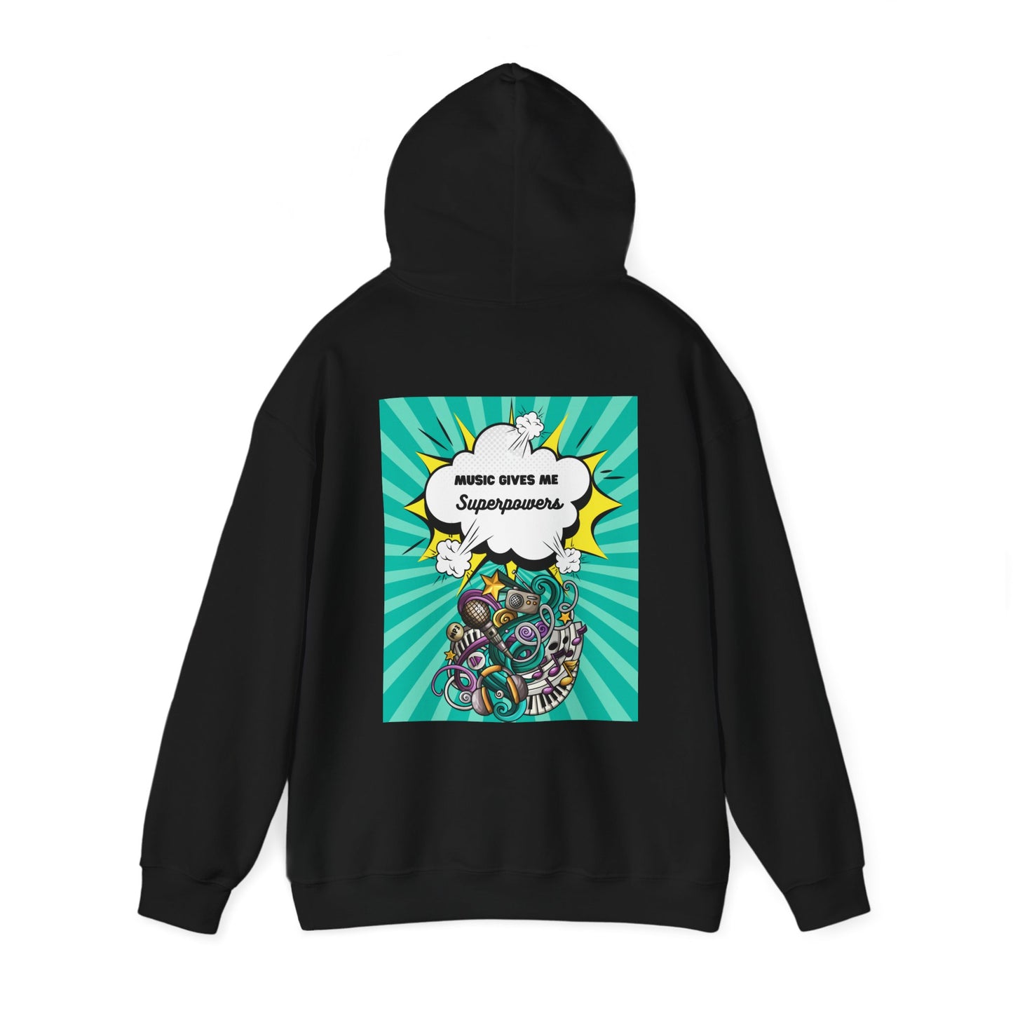 Unisex "Music Gives Me Superpowers" Heavy Blend Hoodie - Front & Back Design, Bold & Comfortable