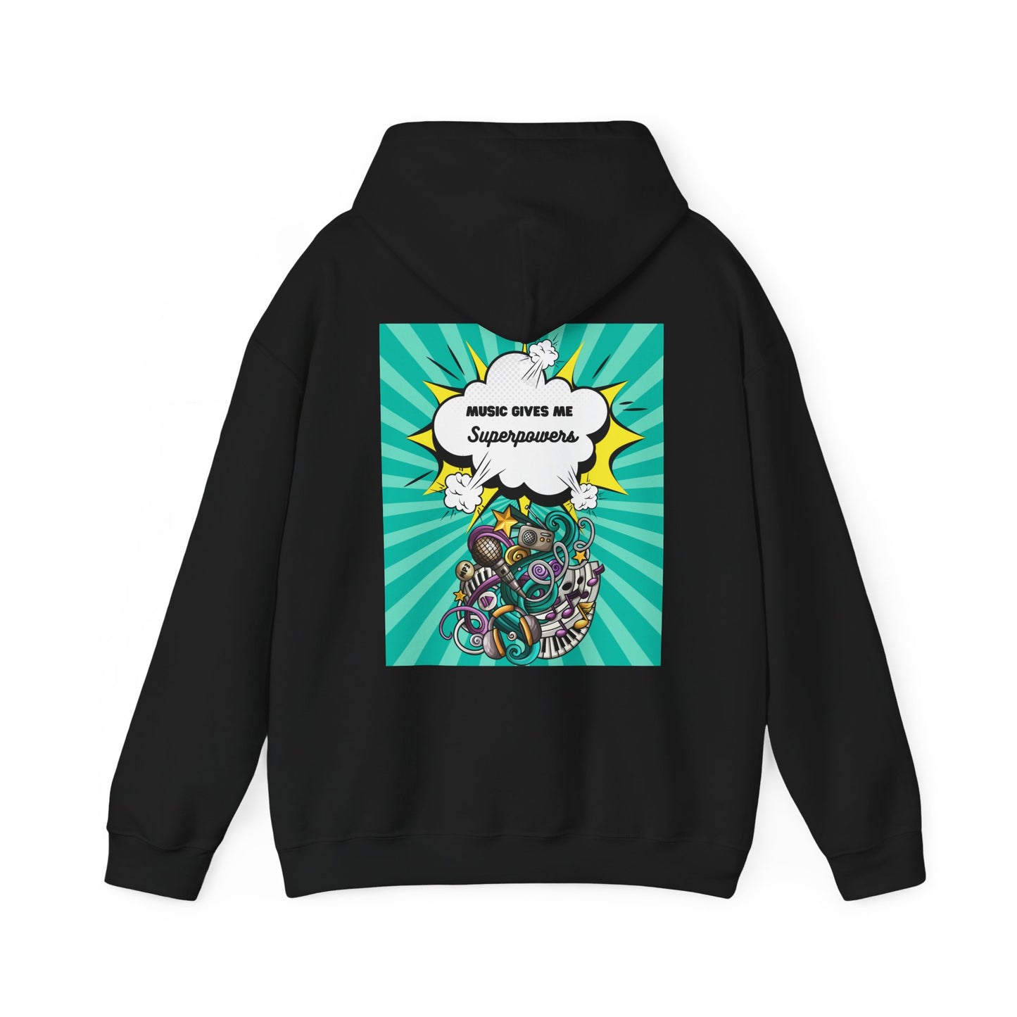 Unisex "Music Gives Me Superpowers" Heavy Blend Hoodie - Front & Back Design, Bold & Comfortable