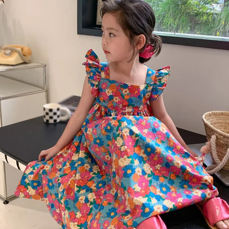 Cute Girls Floral Backless Print Summer Dress - Bright & Beautiful