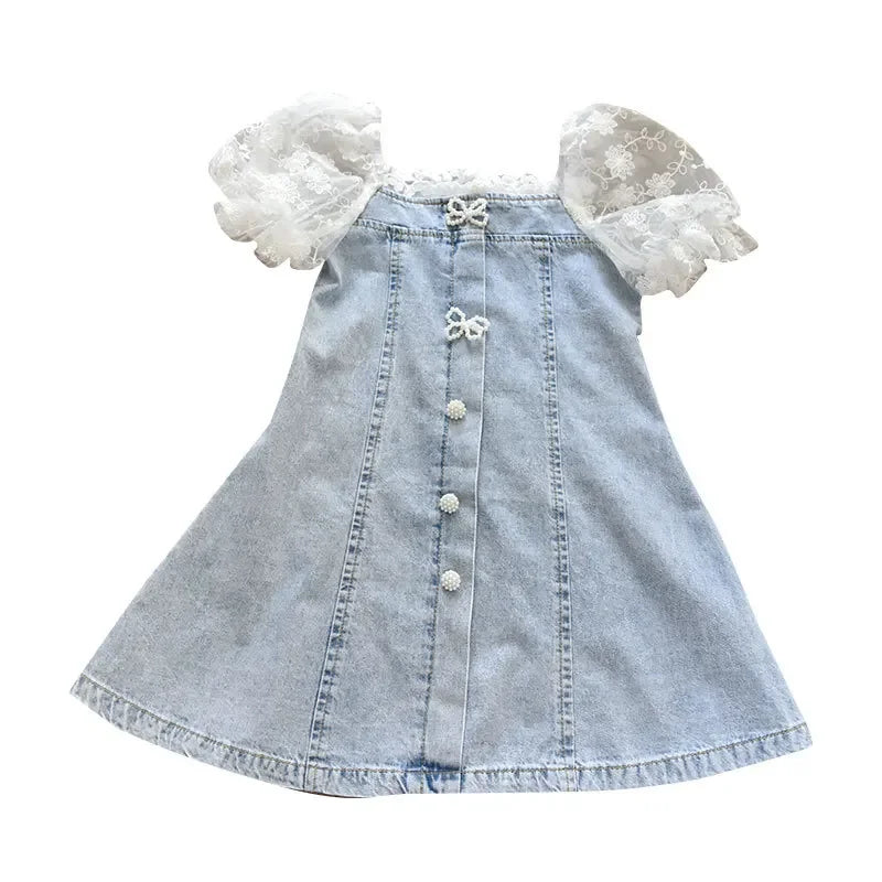 Children Girls Beads Lace Sleeve Denim Dress. Toddler Fashion Summer Dresses- Elegant & Adorable