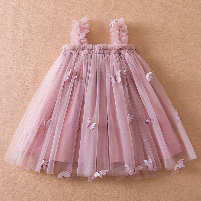 Girls' Pink Luxury 3D Butterfly Tulle Dress - Enchanting & Graceful