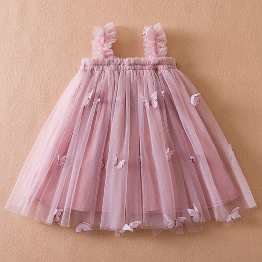 Girls' Pink Luxury 3D Butterfly Tulle Dress - Enchanting & Graceful