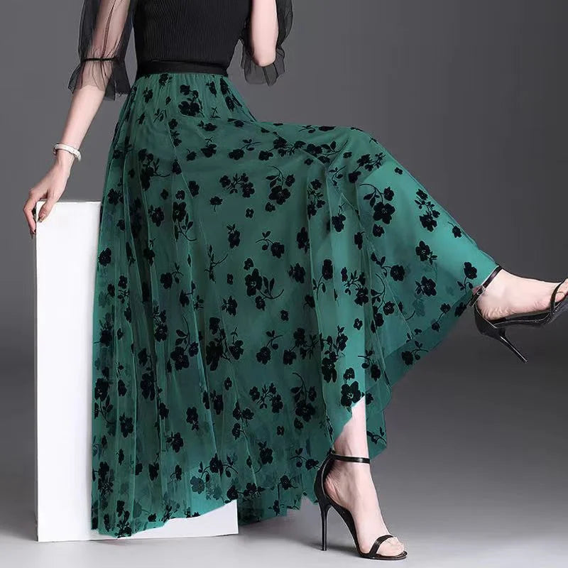 Elegant Women's Floral High Waist Mesh Maxi Skirt - Perfect for Any Occasion