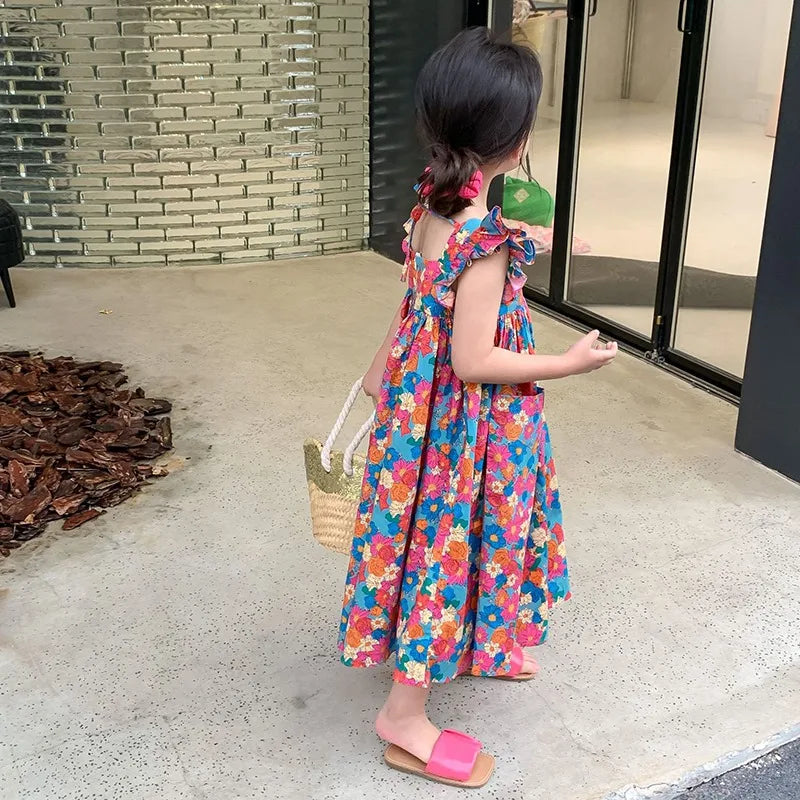 Cute Girls Floral Backless Print Summer Dress - Bright & Beautiful