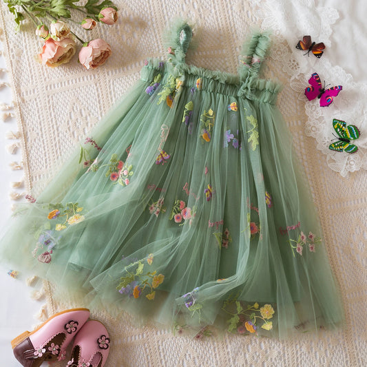 Sweet Summer Princess Dress for Baby Girls 1-5Yrs with Floral Butterfly Embroidery Mesh Sling Design for Children