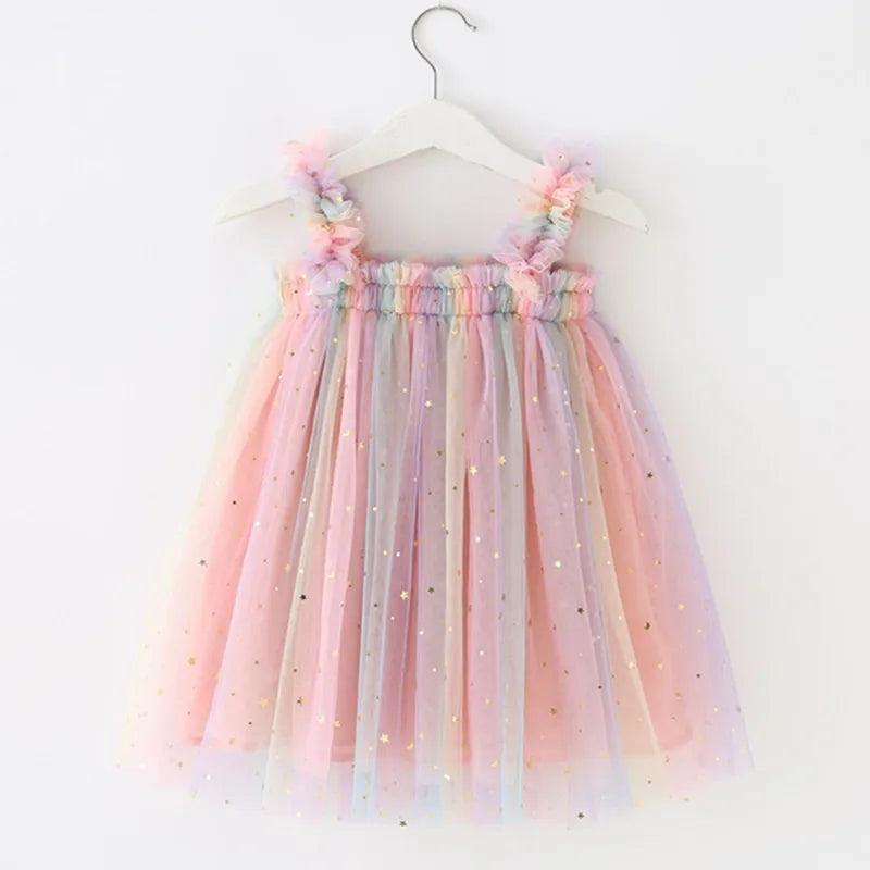 Girls' Starry Rainbow Unicorn Tulle Dress - Magical & Dreamy