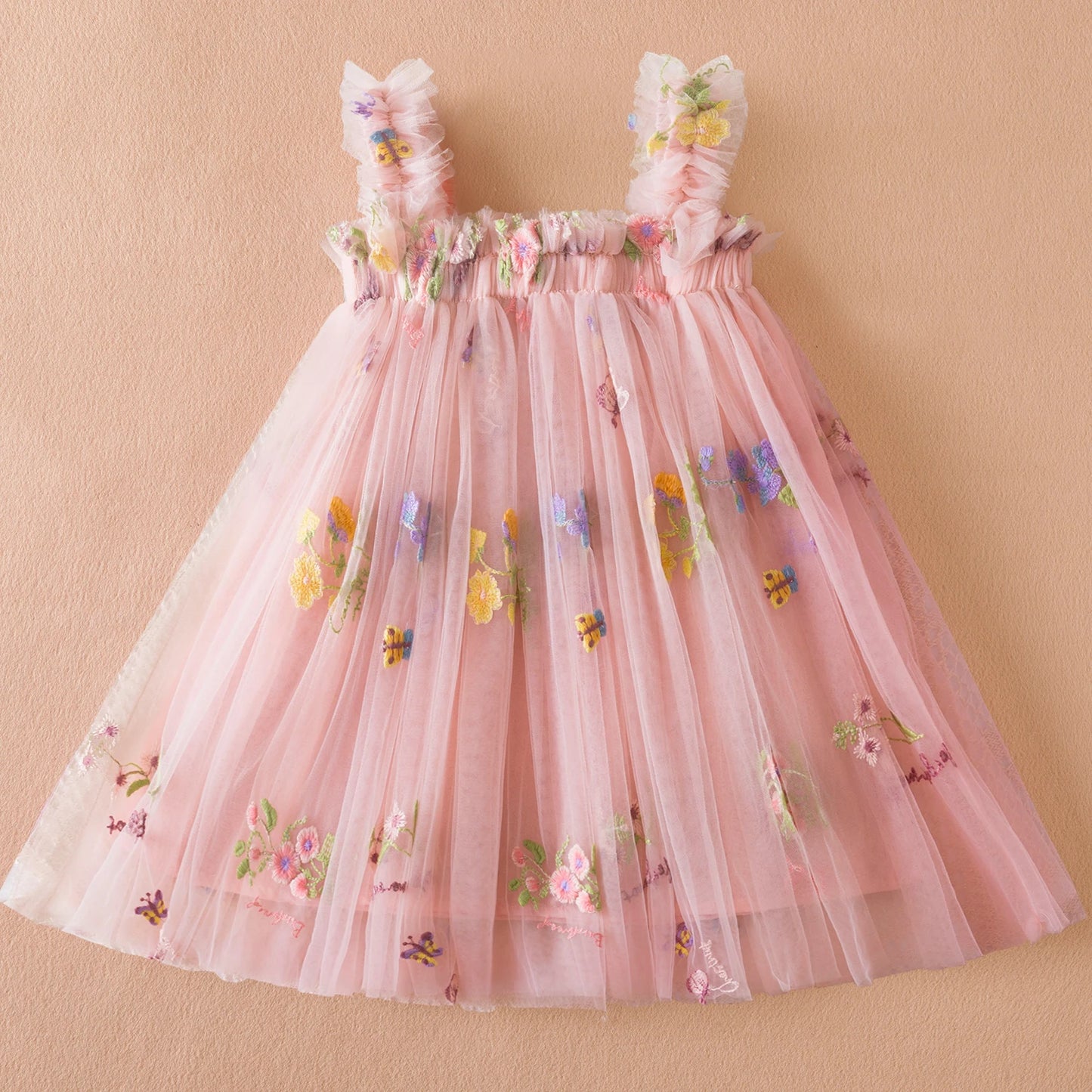 Girls' Pink Luxury 3D Butterfly Tulle Dress - Enchanting & Graceful