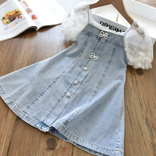 Children Girls Beads Lace Sleeve Denim Dress. Toddler Fashion Summer Dresses- Elegant & Adorable