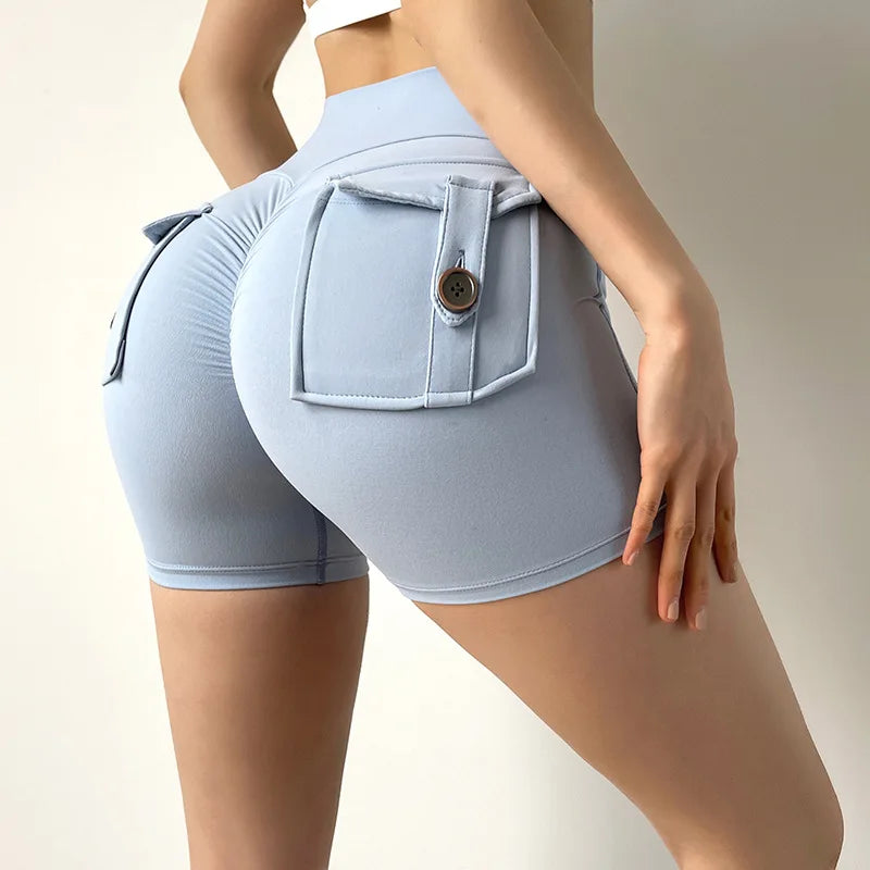 High Waist Gym Sport Shorts for Women Sexy Booty Scrunch Pockets Workout Tights Cycling Fitness Push Up Biker Short Pants