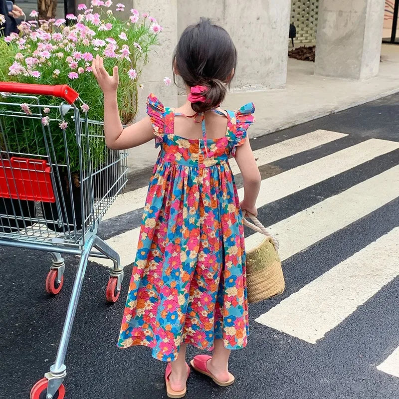 Cute Girls Floral Backless Print Summer Dress - Bright & Beautiful